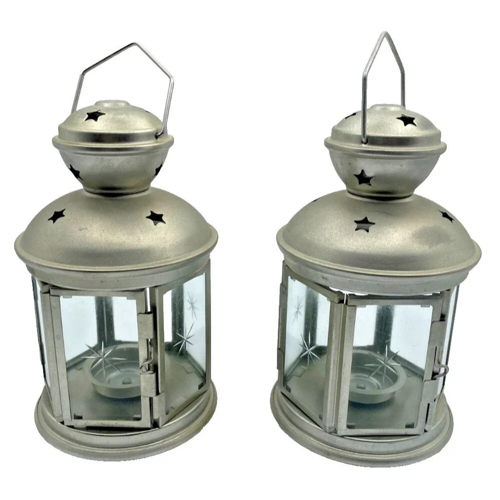 Set of 2 IKEA Rotera Hanging Lanterns Tea Light Candle Holder Metal & Glass